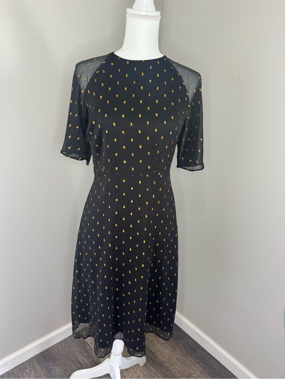 Ann Taylor Black Midi Dress with Gold Dot Print